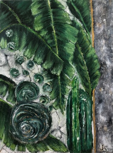 Painting titled "Drowning greenery" by Juliana Sol, Original Artwork, Oil Mounted on Wood Stretcher frame