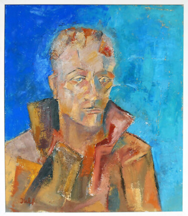 Painting titled "Portrait with blue…" by July, Original Artwork, Oil