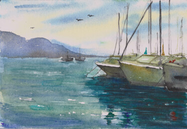 Painting titled "Marine bay" by Juliaresha, Original Artwork, Watercolor