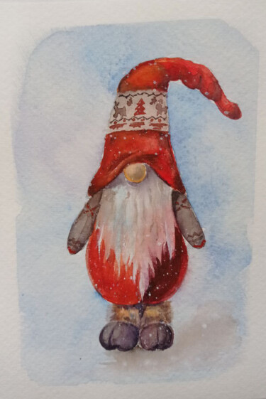 Painting titled "Christmas gnome" by Juliaresha, Original Artwork, Watercolor
