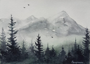 Painting titled "Mountain mists" by Juliaresha, Original Artwork, Watercolor