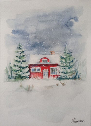 Malerei mit dem Titel "Cottage in the woods" von Juliaresha, Original-Kunstwerk, Aquarell