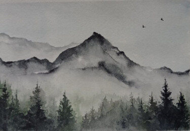 Painting titled "Mountain mists 2" by Juliaresha, Original Artwork, Watercolor