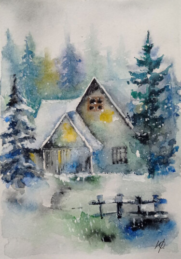 Картина под названием "House in the woods" - Juliaresha, Подлинное произведение искусства, Акварель