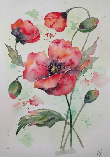 Painting titled "Poppy branch" by Juliaresha, Original Artwork, Watercolor