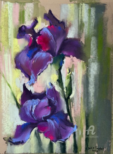 Rysunek zatytułowany „Irises on green” autorstwa Julia Suptel, Oryginalna praca, Pastel