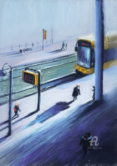 Pintura intitulada "At the tram stop" por Julia Suptel, Obras de arte originais, Pastel