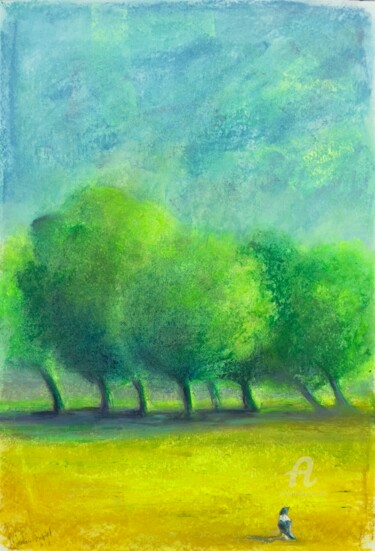 Desenho intitulada "Trees in the wind" por Julia Suptel, Obras de arte originais, Pastel