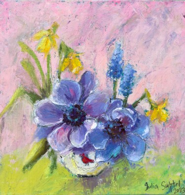 Painting titled "Cup of flowers" by Julia Suptel, Original Artwork, Pastel Mounted on Cardboard