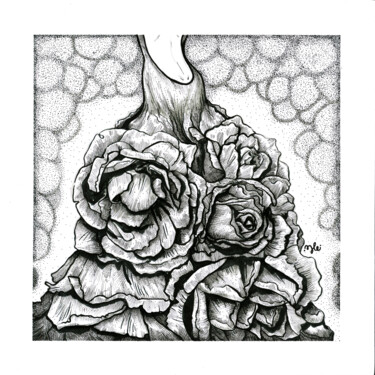 Drawing titled "Robe de Roses" by Julie Bellarosa, Original Artwork, Ink Mounted on Wood Panel