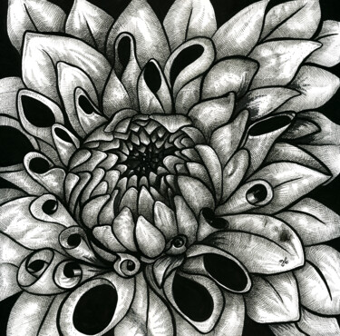 Drawing titled "Dahlia" by Julie Bellarosa, Original Artwork, Ink Mounted on Wood Panel