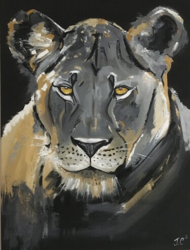 Painting titled "LIONNE" by Julie Coudret Carrasco, Original Artwork, Oil Mounted on Wood Stretcher frame