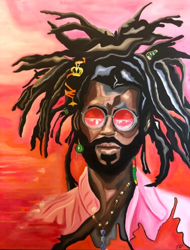 Painting titled "RASTAMAN IN THE SUN…" by Julie Coudret Carrasco, Original Artwork, Oil Mounted on Wood Stretcher frame