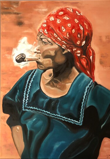Painting titled "Marchande à la pipe" by Julie Coudret Carrasco, Original Artwork, Oil Mounted on Wood Stretcher frame