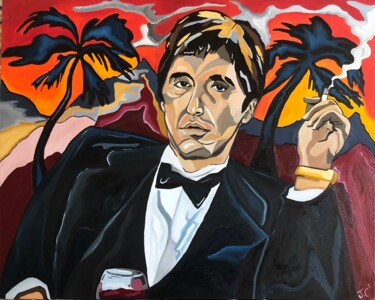 Painting titled "TONY MONTANA" by Julie Coudret Carrasco, Original Artwork, Oil Mounted on Wood Stretcher frame