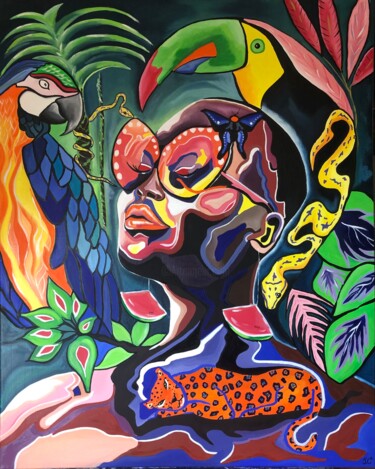 Painting titled "JUNGLE MANIA" by Julie Coudret Carrasco, Original Artwork, Oil Mounted on Wood Stretcher frame