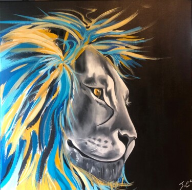 Painting titled "CONQUERING LION 1" by Julie Coudret Carrasco, Original Artwork, Oil Mounted on Wood Stretcher frame