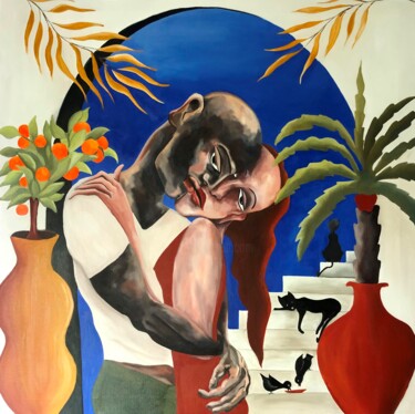 「ETREINTE A NERJA」というタイトルの絵画 Julie Coudret Carrascoによって, オリジナルのアートワーク, オイル ウッドストレッチャーフレームにマウント