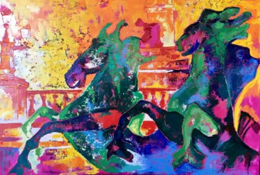 Painting titled "Chevaux marins" by Julie D'Aragon, Original Artwork, Oil