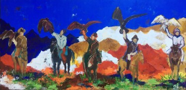 Malerei mit dem Titel "Chasseurs mongols" von Julie D'Aragon, Original-Kunstwerk, Öl