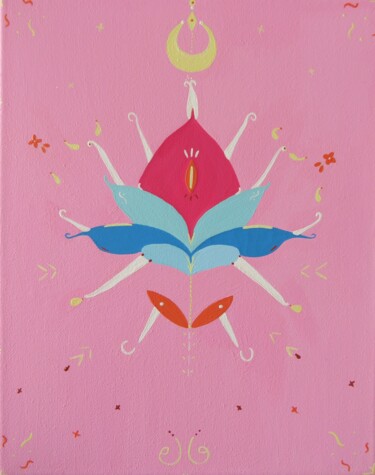 Schilderij getiteld "Lotus" door Julie Gosse, Origineel Kunstwerk, Acryl Gemonteerd op Frame voor houten brancard