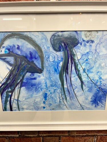Pittura intitolato "Jellyfish" da Julie Ogorman, Opera d'arte originale, Inchiostro Montato su Pannello di legno
