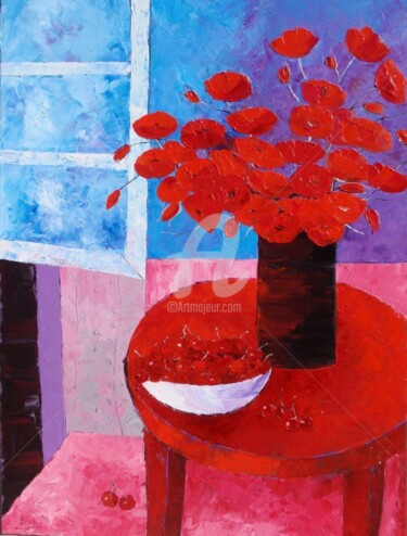 Peinture intitulée "" Le Géridon Rouge "" par Julie Pioch, Œuvre d'art originale, Huile
