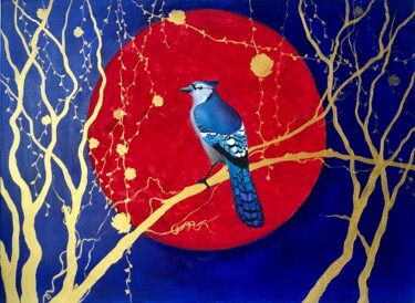 Painting titled "Blue jay at rest" by Julie Stepanova, Original Artwork, Acrylic Mounted on Wood Stretcher frame