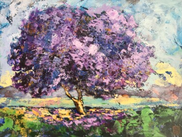 Painting titled "Jacaranda by the ri…" by Julie Stepanova, Original Artwork, Acrylic Mounted on Cardboard