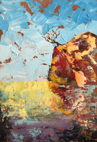 Картина под названием "Tree on a rocky cli…" - Julie Stepanova, Подлинное произведение искусства, Акрил Установлен на картон