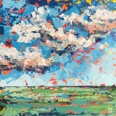Painting titled "Mood of the sky" by Julie Stepanova, Original Artwork, Acrylic Mounted on Cardboard
