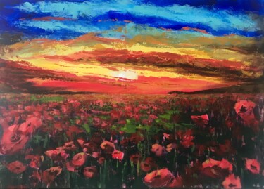 Картина под названием "Poppy field" - Julie Stepanova, Подлинное произведение искусства, Акрил Установлен на Деревянная рама…