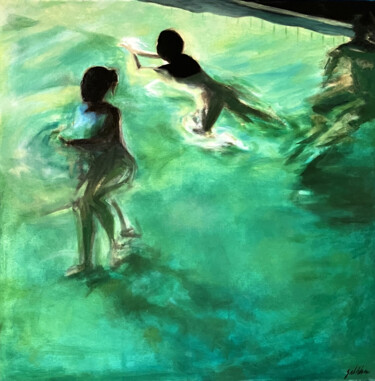 Peinture intitulée "La piscine" par Julie Vandeputte, Œuvre d'art originale, Huile Monté sur Châssis en bois