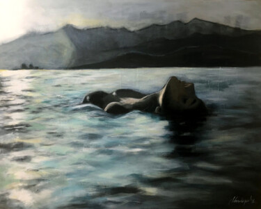 Painting titled "Sunset" by Julie Vandeputte, Original Artwork, Oil Mounted on Wood Stretcher frame