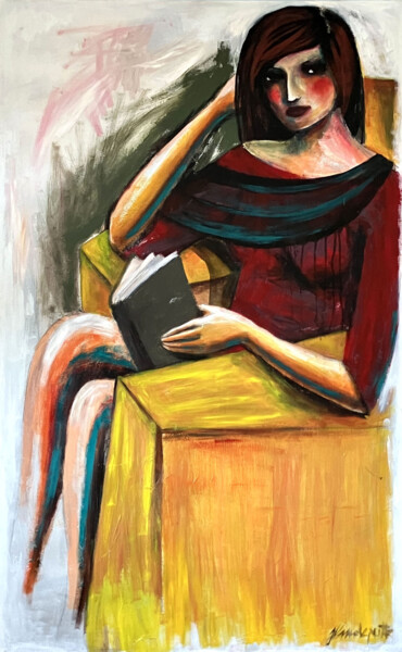 Pintura titulada "La liseuse" por Julie Vandeputte, Obra de arte original, Oleo Montado en Bastidor de camilla de madera