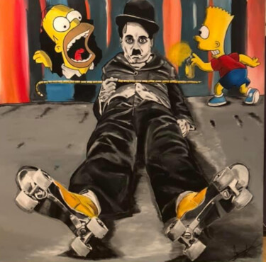 Painting titled "Chaplin and Simpson" by Julien Antoine (YOZ), Original Artwork, Acrylic Mounted on Wood Stretcher frame
