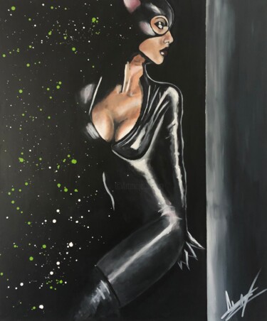 Schilderij getiteld "Catwoman" door Julien Antoine (YOZ), Origineel Kunstwerk, Acryl Gemonteerd op Frame voor houten brancard