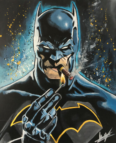 「Batman fun」というタイトルの絵画 Julien Antoine (YOZ)によって, オリジナルのアートワーク, アクリル ウッドストレッチャーフレームにマウント