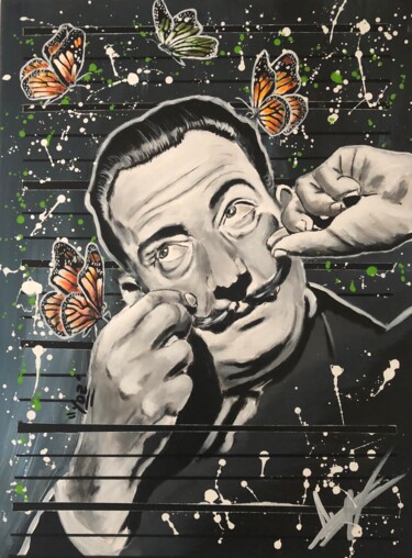 Painting titled "Dali aux Papillons…" by Julien Antoine (YOZ), Original Artwork, Acrylic Mounted on Wood Stretcher frame