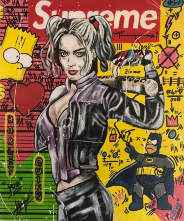 Painting titled "Love Harley Quinn" by Julien Antoine (YOZ), Original Artwork, Acrylic Mounted on Wood Stretcher frame