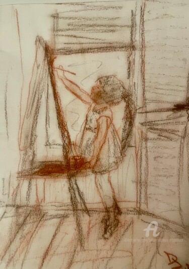 Disegno intitolato "Petite fille dessine" da Julien Danaux (Artdanaux), Opera d'arte originale, Carbone