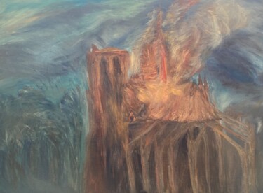 Peinture intitulée "Notre Dame en feu" par Julien Bonnivard, Œuvre d'art originale, Huile Monté sur Châssis en bois