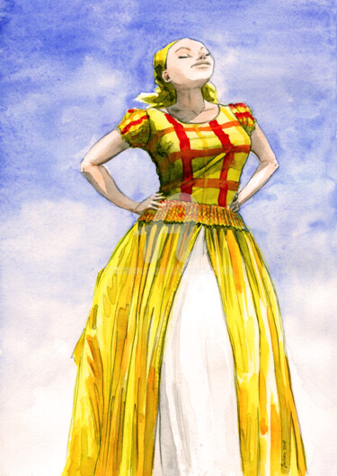 Painting titled "La robe jaune" by Julien Cachemaille, Original Artwork, Watercolor