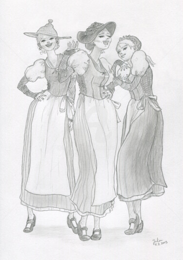 Disegno intitolato "Trois vaudoises (#a…" da Julien Cachemaille, Opera d'arte originale, Matita