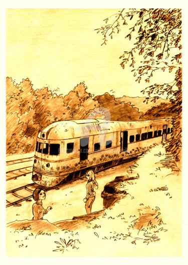 Zeichnungen mit dem Titel "Tren en Valle Eden" von Julien Cachemaille, Original-Kunstwerk, Bleistift