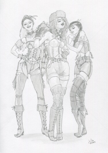 Drawing titled "Trois trappeuses (#…" by Julien Cachemaille, Original Artwork, Pencil