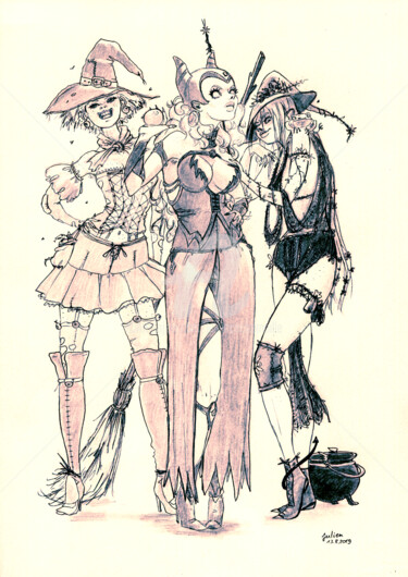 Dessin intitulée "Trois sorcières cou…" par Julien Cachemaille, Œuvre d'art originale, Crayon