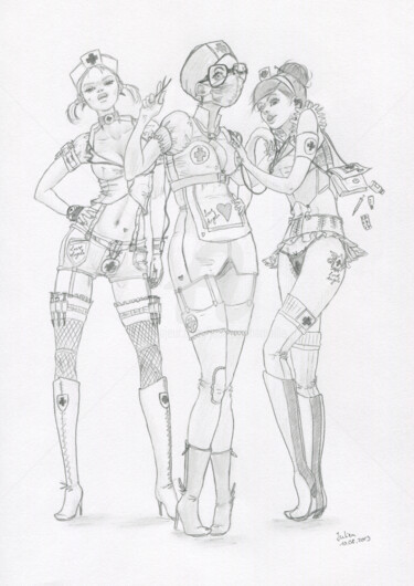 Drawing titled "Trois infirmières" by Julien Cachemaille, Original Artwork, Pencil