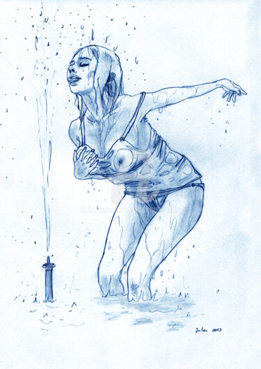 Drawing titled "Dans la fontaine" by Julien Cachemaille, Original Artwork, Pencil