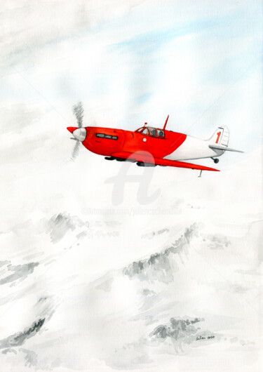 Schilderij getiteld "Le Spitfire rouge" door Julien Cachemaille, Origineel Kunstwerk, Aquarel
